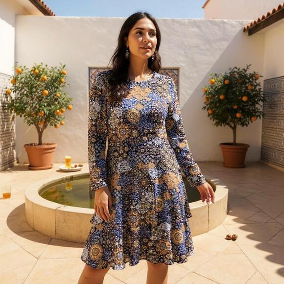 MICHAEL KORS Medallion Print Tiered Hem Dress Blue Yellow Stretch Womens Small - Picture 1 of 8